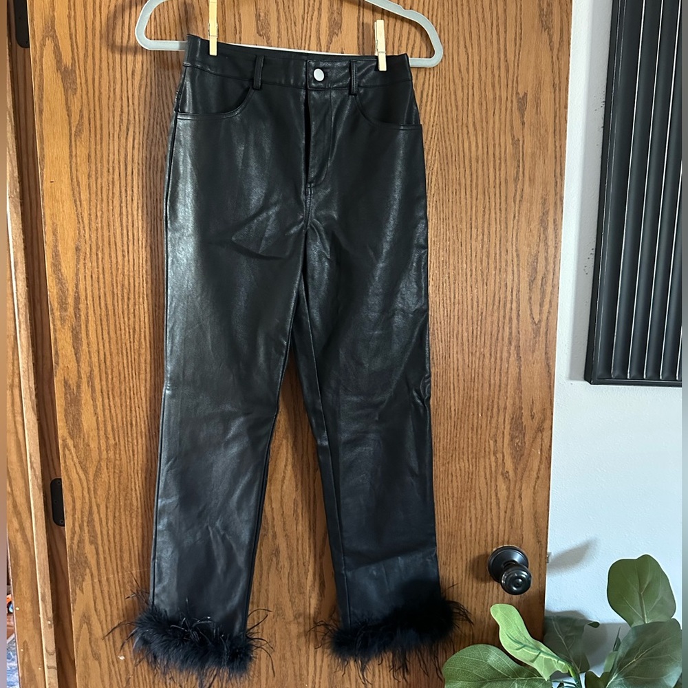 Altar’d State faux leather feather trimmed straight leg cropped pants size XS